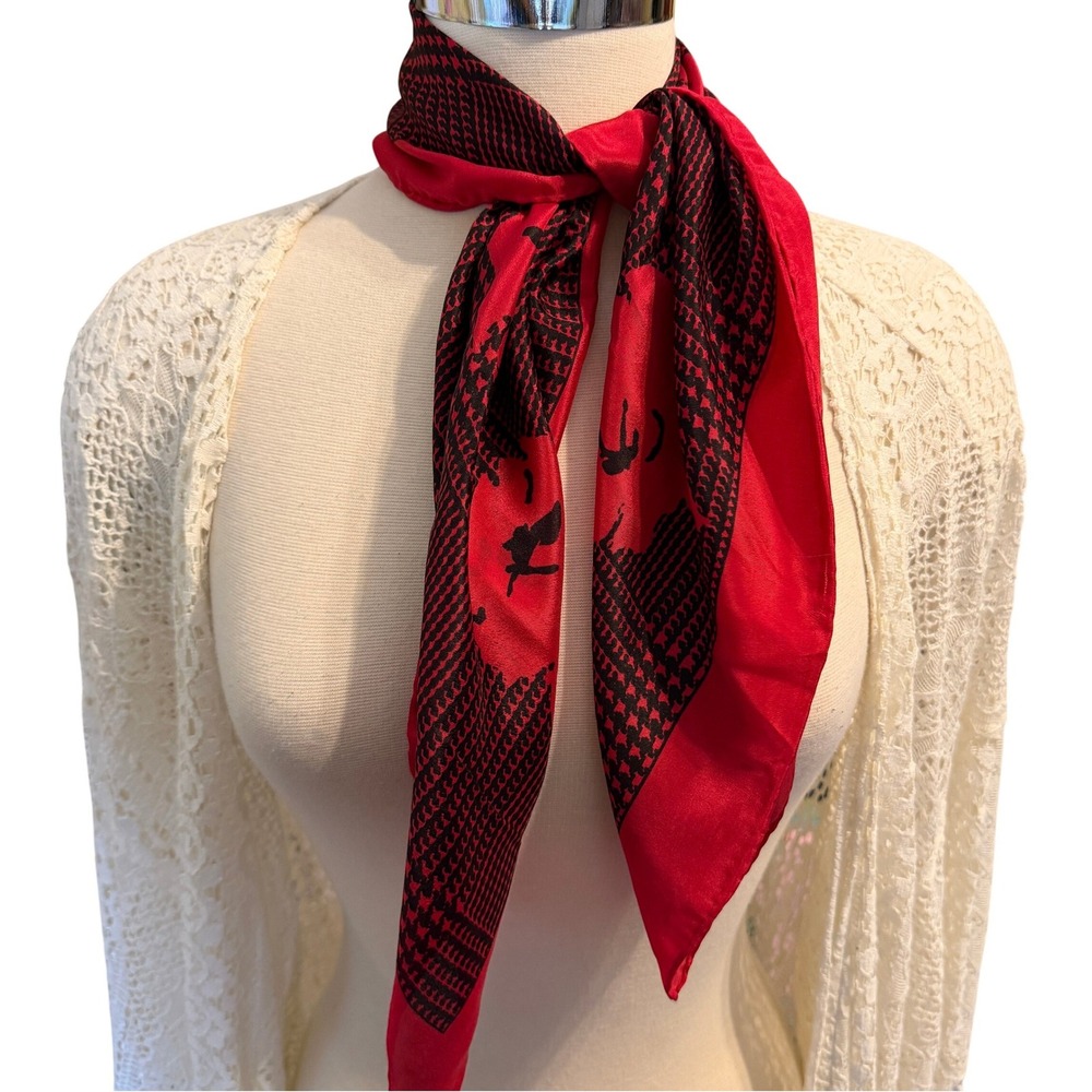 Club 7 Echo Red Black Houndstooth Floral Square Scarf Vintage Style 27 Inch